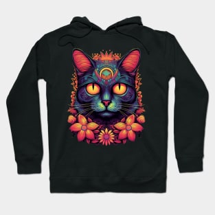 Colorful Abstract Cat and Flowers Design Hoodie